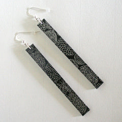 Strips of board covered with a black and silver floral patterned Japanese paper ha... Black and Silver Flowers Long Paper Earrings
