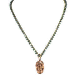 Teal Seed Bead Necklace With Copper Skull Pendant