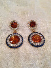 Round Amber and Blue Rhinestone Chandelier Earrings