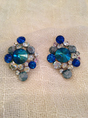 Blue Rhinestone Floral Handmade Earrings