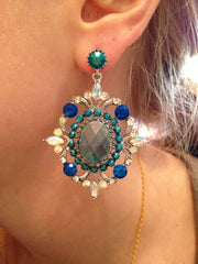Turquoise Flower & Silver Rhinestone Chandelier Earrings
