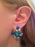 Blue Rhinestone Floral Handmade Earrings