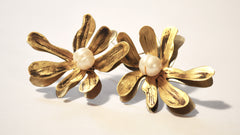Cyclamen Flower Wired Brass Pearl Earrings