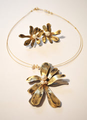 Cyclamen Flower Wired Brass Pearl Necklace
