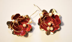 Forget Me Not Red Flower Wired Pearl Earrings