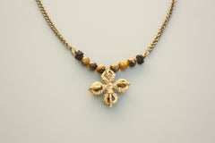 Javitri Faceted Tiger eye and Brass Buddhist cross Necklace