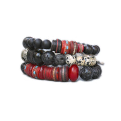 Black Lava and Dalmatian Jasper trio Bracelets
