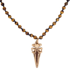 Harad Hand knotted faceted Tiger Eye with brass skull Necklace