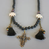 Zeus Raw Ruby and Onyx Ornate Cross Necklace