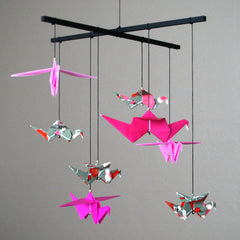 Pink and Black Small Origami Crane Mobile
