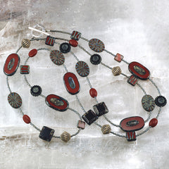 Long Red and Slate Blue Czech Glass Bead Necklace
