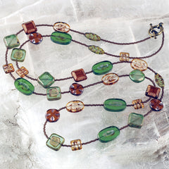Long Green and Brown Czech Glass Bead Necklace