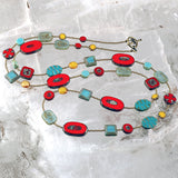 Long Red and Turquoise Czech Glass Bead Necklace