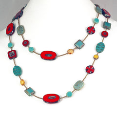 Long Red and Turquoise Czech Glass Bead Necklace