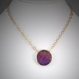 Gold Rimmed Fushcia Druzy and Gold Chain Necklace