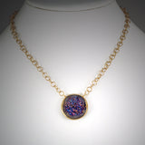 Gold Rimmed Pink/Blue Druzy and Matte Gold Chain Necklace
