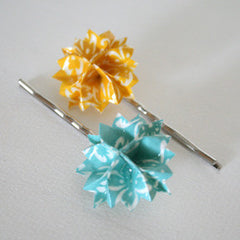 Teal and Mustard Floral Origami Hair Pins