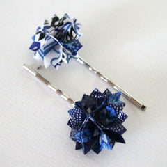 Blue and White Floral Origami Hair Pins