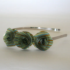 Blue Green Striped Paper Flowers Headband