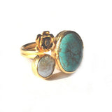 Turquoise and Pearl Flower Ring with a Diamond like Zircon Stone
