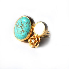 Turquoise and Pearl Flower Ring with a Diamond like Zircon Stone