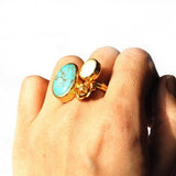 Turquoise and Pearl Flower Ring with a Diamond like Zircon Stone