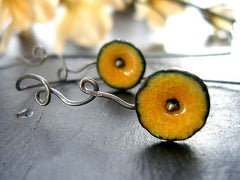 Mustard Yellow Earrings Enamel Jewelry Swirly Stem Poppy Earrings