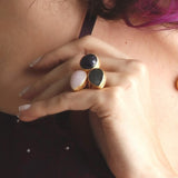 Three Stones Ring with Pink Quartz, Purple Amethyst and a Grey Labrodorite Stone