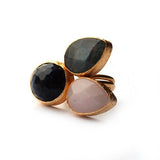 Three Stones Ring with Pink Quartz, Purple Amethyst and a Grey Labrodorite Stone