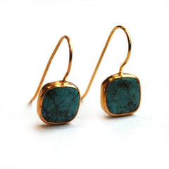Turquoise Small Square Earrings With Silver Settings Coated with Gold
