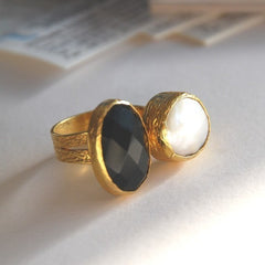Gold Coated Silver Ring With A Faceted Oval Onyx Stone and a Pearl