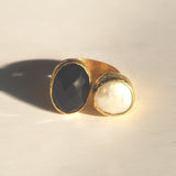 Gold Coated Silver Ring With A Faceted Oval Onyx Stone and a Pearl