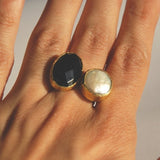 Gold Coated Silver Ring With A Faceted Oval Onyx Stone and a Pearl