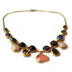 Three Stones Necklace with Pink Quartz, Purple Amethyst and Grey Labrodorite Stones