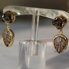 Flower and Leaf Carved Brown Smoky Quartz Earrings