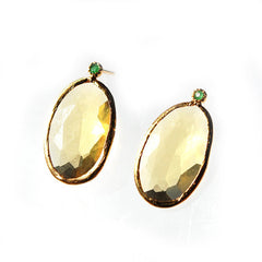Free Form Rose Cut Yellow Citrine Earrings with Emeralds