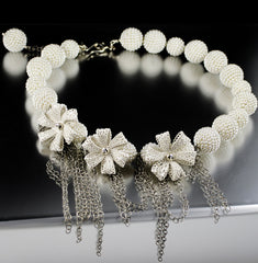 Vintage Japanese Seed Pearls & Lucite Lace Flower Necklace