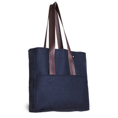 Pocket Canvas Tote Bag Wool-Navy Plaid, Blue Lining