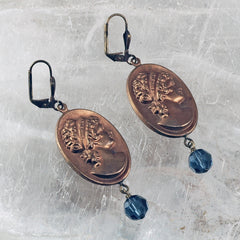 Vintage Embossed Brass and Blue Crystal Earrings