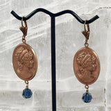 Vintage Embossed Brass and Blue Crystal Earrings