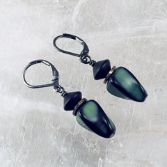 Vintage Green and Black Czech Glass Bead Earrings